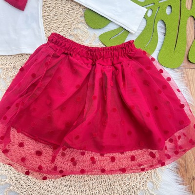 Conj. Blusa Manga Longa Big Laço e Short Saia em Tule com Bolinhas - Vermelho